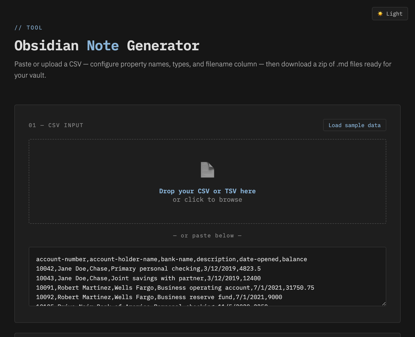 Screenshot: CSV input area with drag-and-drop zone and paste textarea