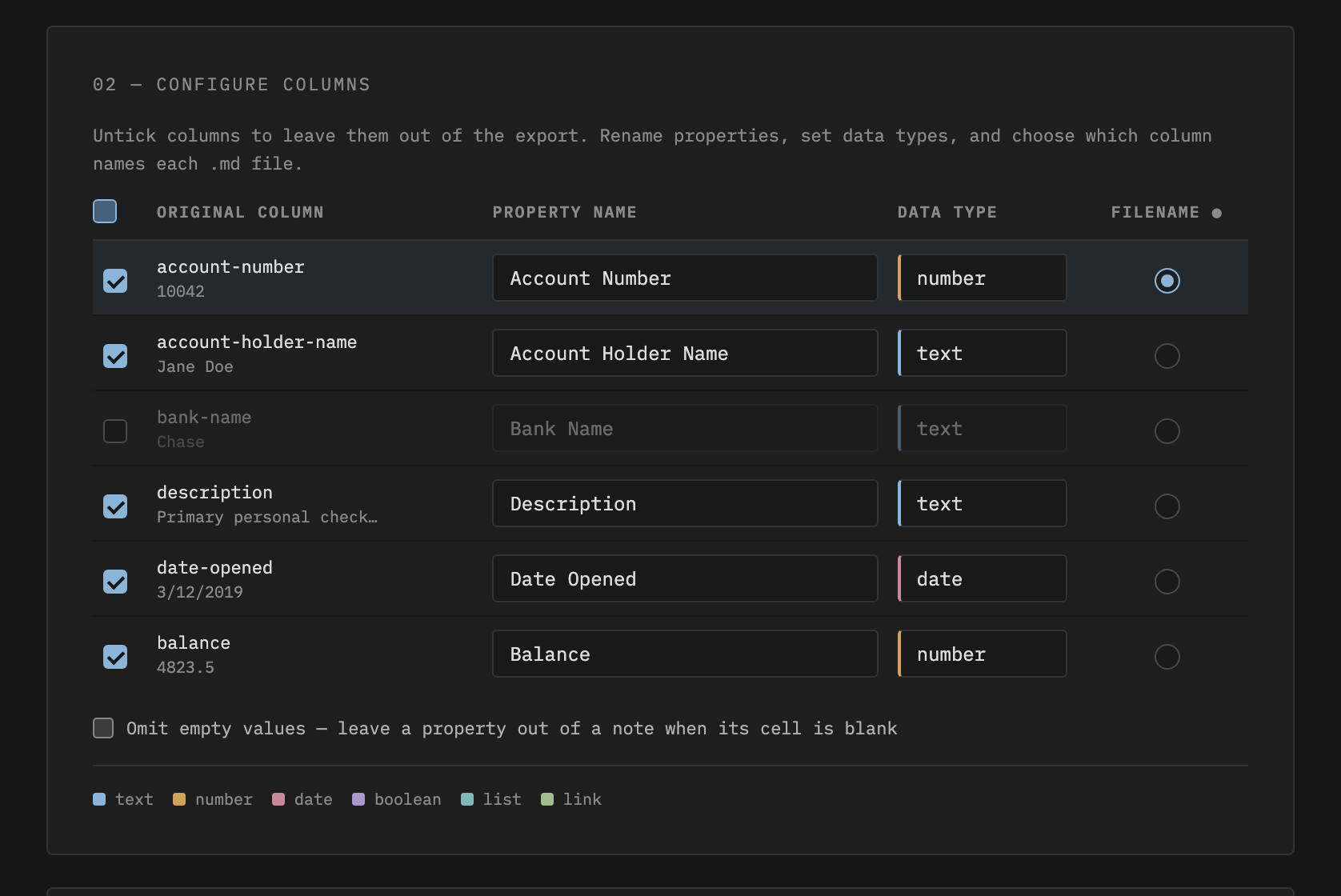 Screenshot: Column mapping table showing property name fields, type dropdowns, and filename radio buttons
