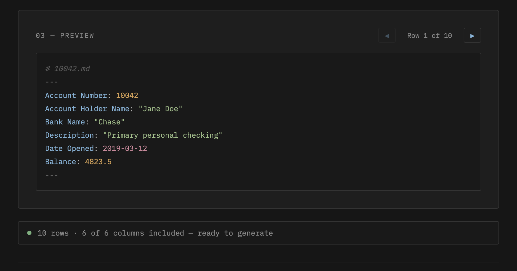 Screenshot: Preview box showing color-coded YAML frontmatter for the first row