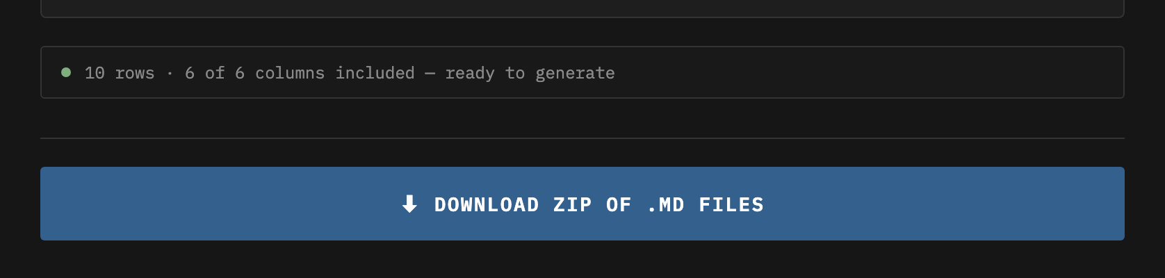 Screenshot: Status bar reporting rows and included columns, above the download button
